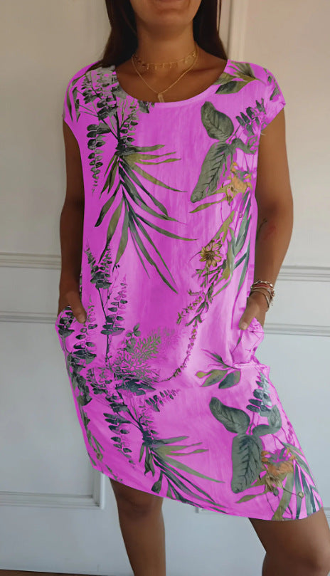 Vestido informal holgado con estampado de cuello redondo y manga corta con bolsillos para mujer