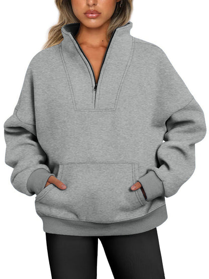 Women Casual Loose Solid Color Pocket Zipper Sweatshirt