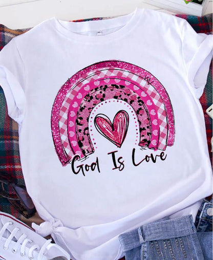 Camiseta informal de manga corta con estampado de corazón para mujer