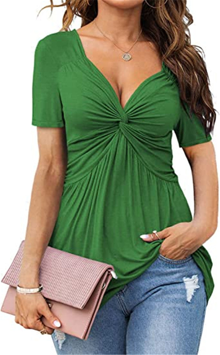 Blusa informal plisada de manga corta con cuello en V y color liso para mujer
