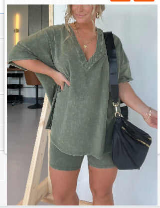 Women Fashion Casual Solid Color V-Neck Short-Sleeve Loose T-Shirt Tight Shorts Two-Piece Set