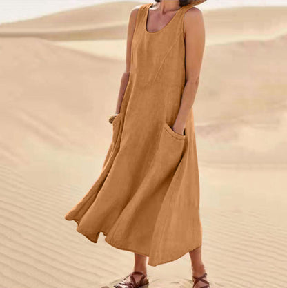 Summer Women Casual Solid Color Sleeveless Round Neck Pocket Cotton Linen Dress