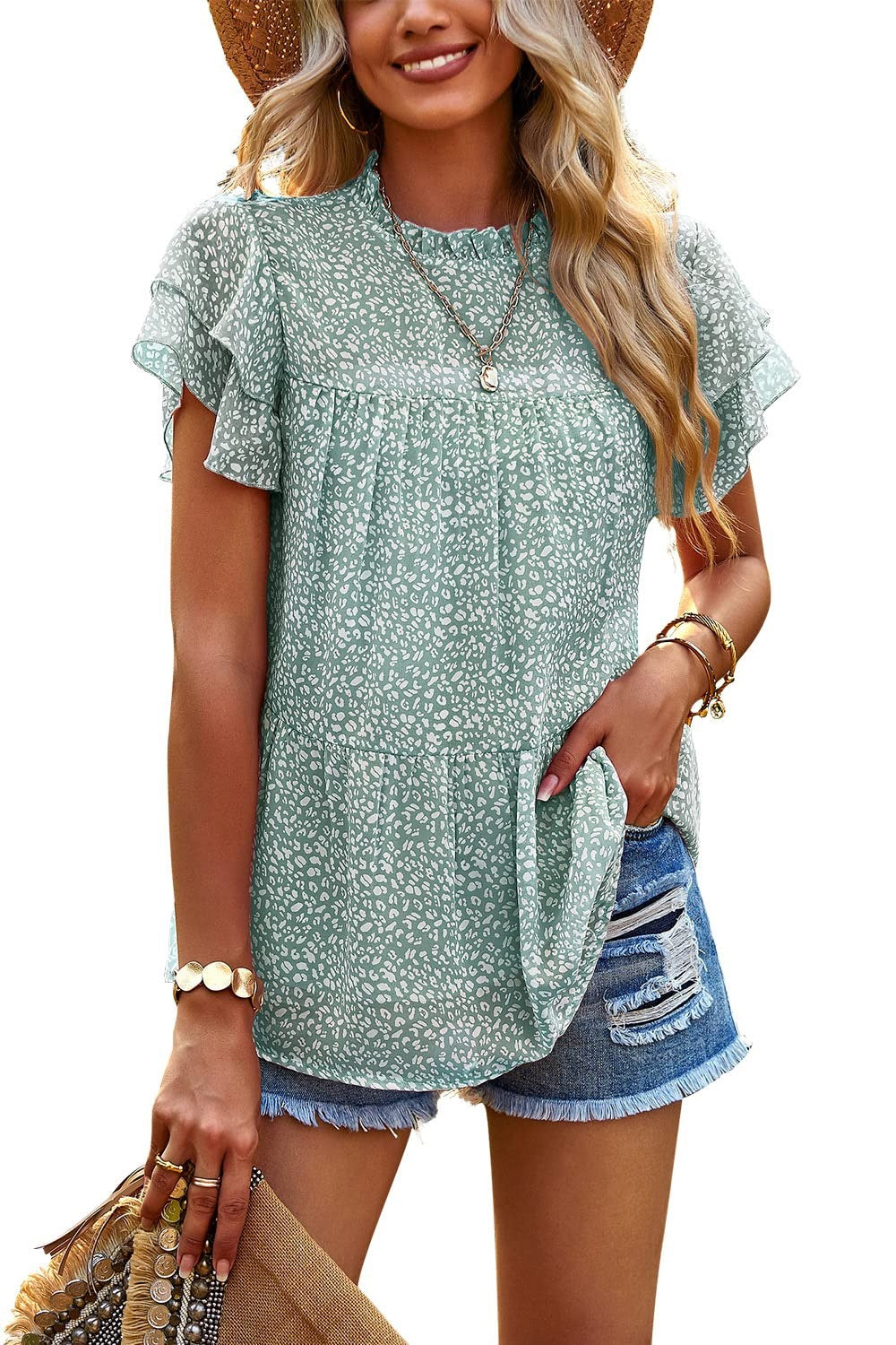 Blusa informal de mujer con estampado floral, volantes, manga corta y cuello redondo