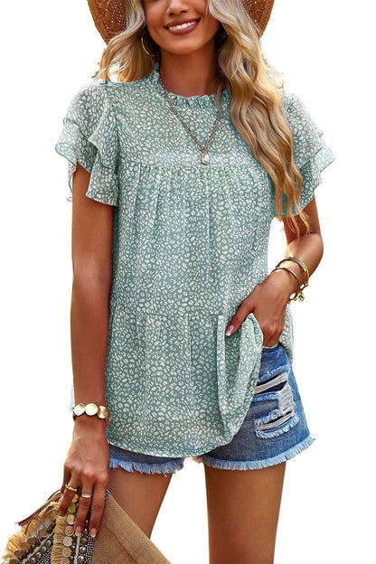 Blusa informal de mujer con estampado floral, volantes, manga corta y cuello redondo