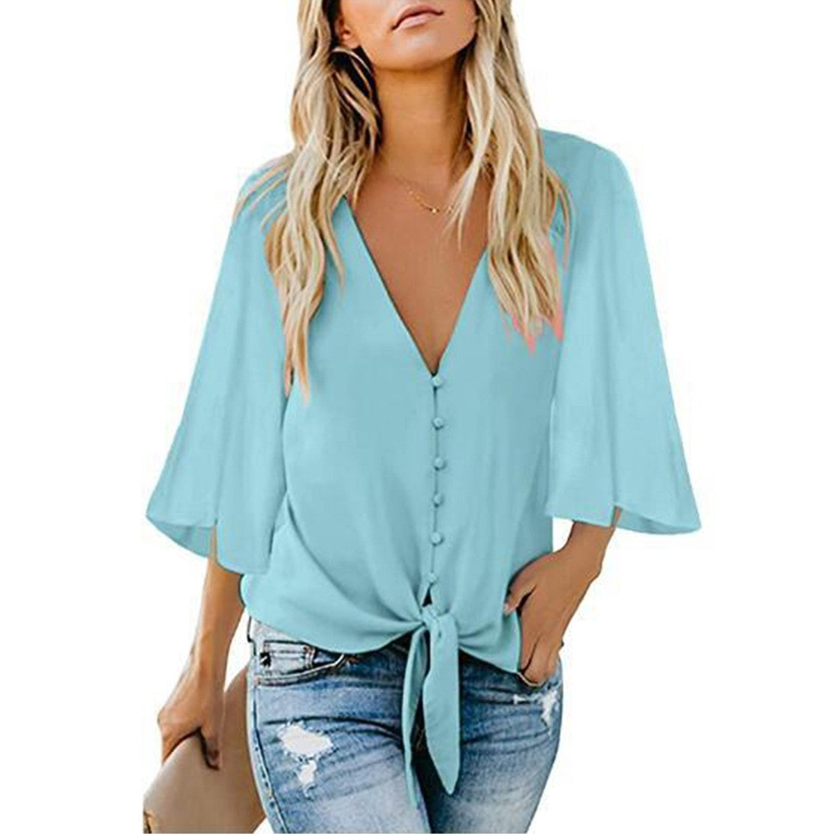 Blusa informal con cuello en V, botones y cordones para mujer
