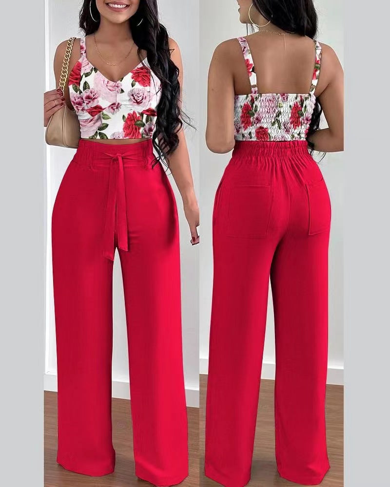 Conjunto de dos piezas para mujer, con top corto, pantalones holgados con cordones y estampado floral informal