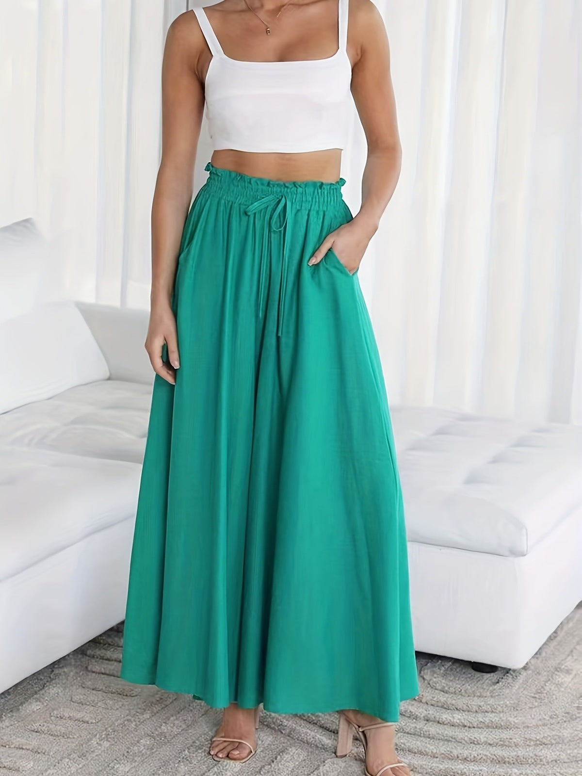 Women Fashion Casual Loose Solid Color Drawstring High-Waist Wide Leg Pants