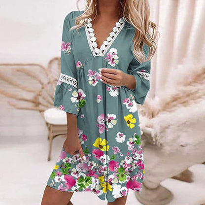 Women Elegant Bohemian V-Neck Floral Printed Lace Patchwork Casual Dress