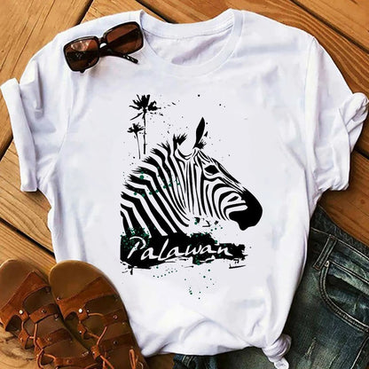 Camiseta informal de manga corta con estampado de cebra para mujer