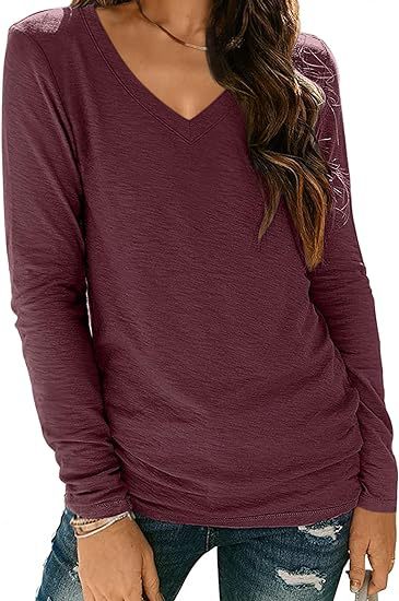 Camiseta informal de manga larga con cuello en V y color liso para mujer