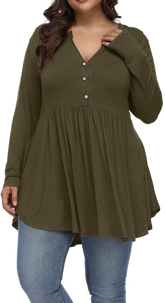 Camiseta informal de manga larga plisada con botones y escote en V de color liso para mujer, talla grande