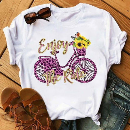 Camiseta holgada informal de manga corta con estampado de bicicleta para mujer