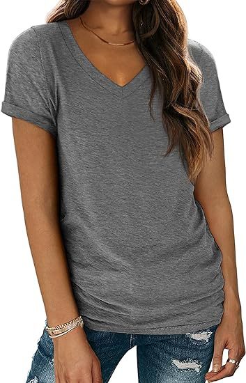 Camiseta informal de verano para mujer, color liso, cuello en V, manga corta, sin mangas