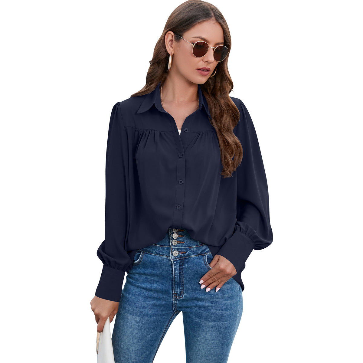 Blusa informal de gasa plisada de manga larga de color liso para mujer, talla grande