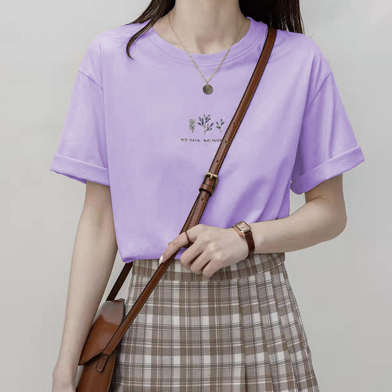 Camiseta informal de verano para mujer con estampado de plantas, cuello redondo y manga corta