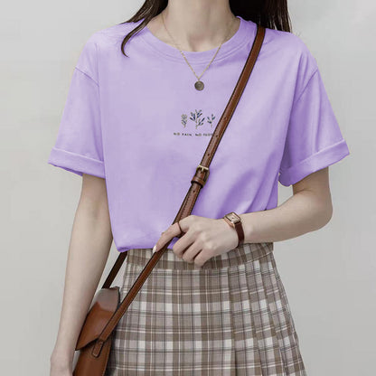 Camiseta informal de verano para mujer con estampado de plantas, cuello redondo y manga corta