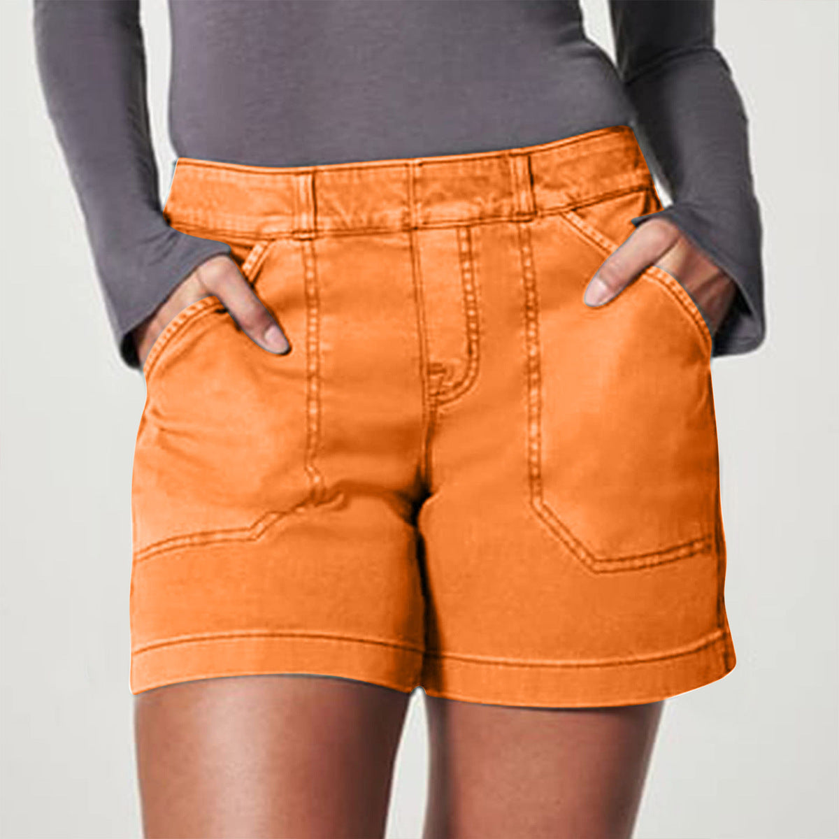 Women Fashion Casual High Waist Hip Elastic Twill Shorts