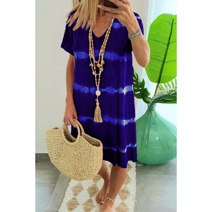 Women Casual Tie Dye Short Sleeve Summer V Neck Loose Bohemian Beach Dress