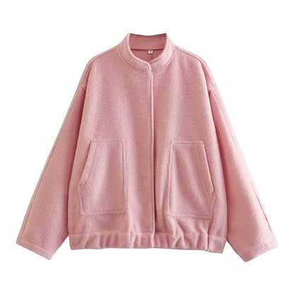 Chaqueta holgada informal de color liso con cuello alto para mujer