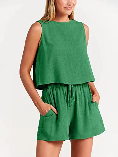 Conjunto de dos piezas formado por camiseta sin mangas y pantalones cortos de cintura alta, para mujer, estilo informal, para vacaciones de verano