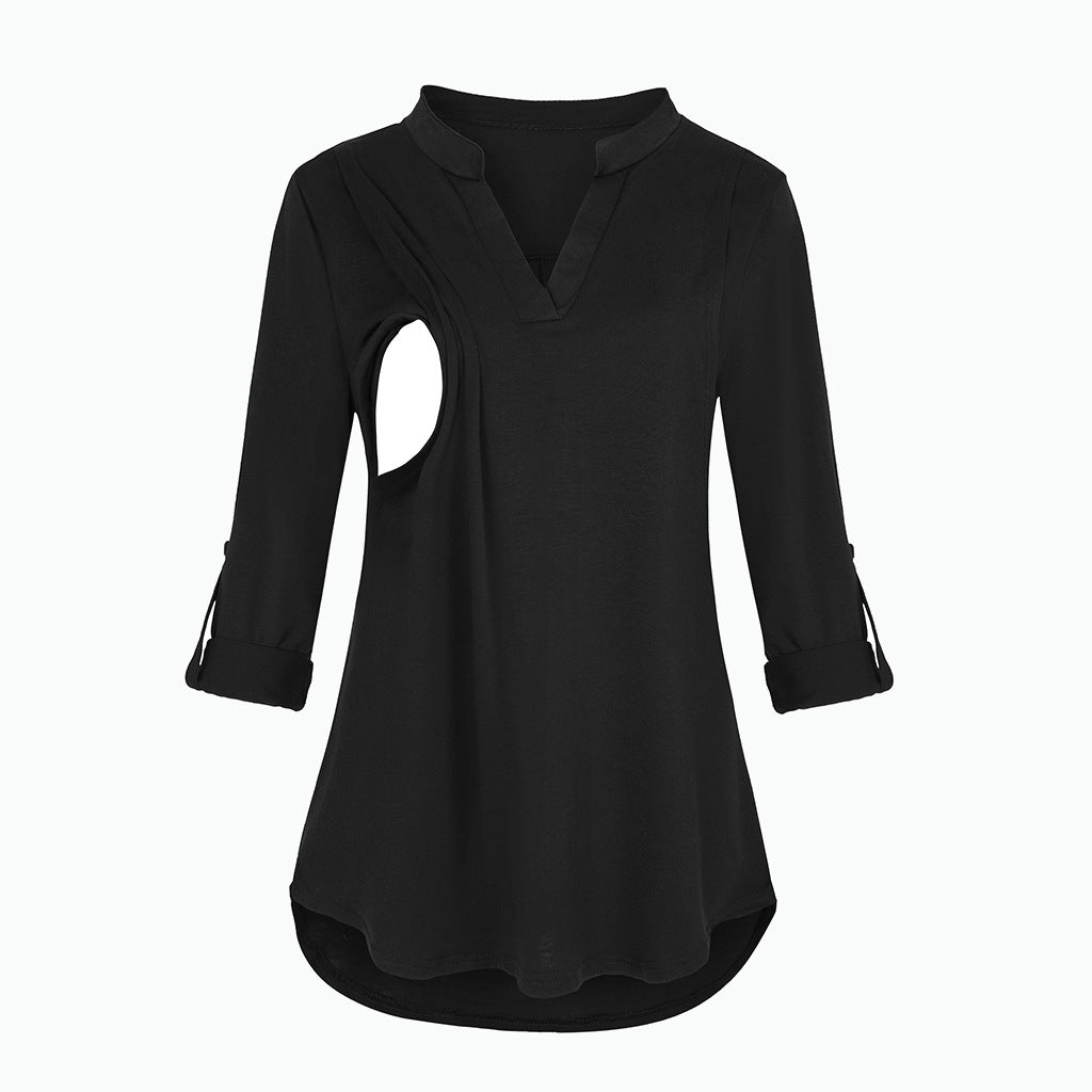 Pregnant Women Fashion Casual V-Neck Plaid Print Breastfeeding Long Sleeve Top