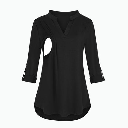 Pregnant Women Fashion Casual V-Neck Plaid Print Breastfeeding Long Sleeve Top