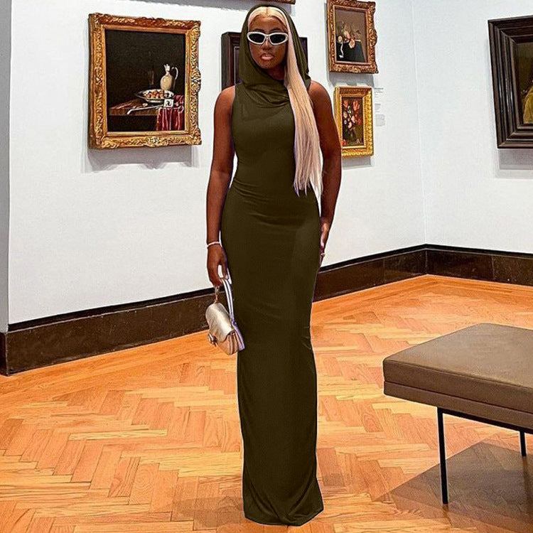 Women Fashion Casual Solid Color Hooded Elastic Sleeveless Slim Dress