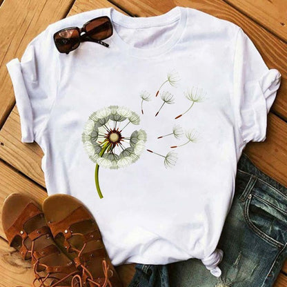 Camiseta informal de manga corta con estampado de diente de león para mujer