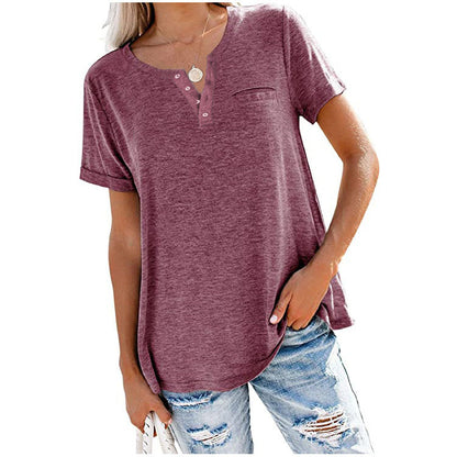 Spring And Summer Women V-Neck Solid Color Casual Women T-Shirt