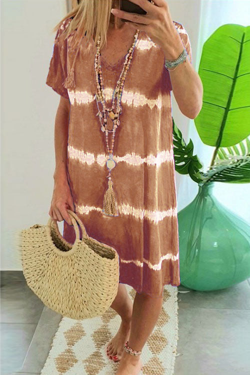 Women Fashion Casual Tie-Dye Print Short-Sleeved Loose Dress