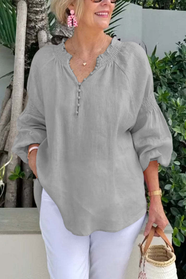 Blusa informal de algodón y lino de color liso con cuello en V y manga larga para mujer