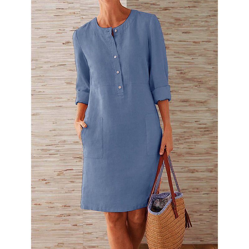 Women'S Casual Solid Color Round Neck Long Sleeve Dress
