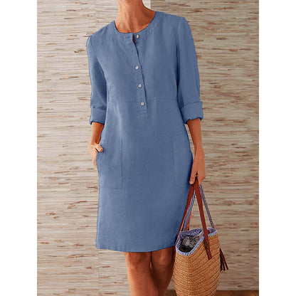 Women'S Casual Solid Color Round Neck Long Sleeve Dress