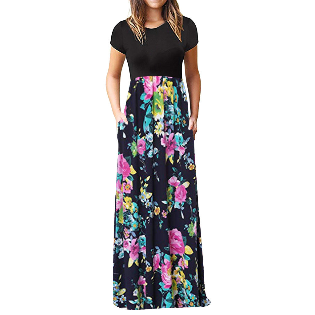 Vestido largo informal de manga corta con cuello redondo y estampado floral para mujer