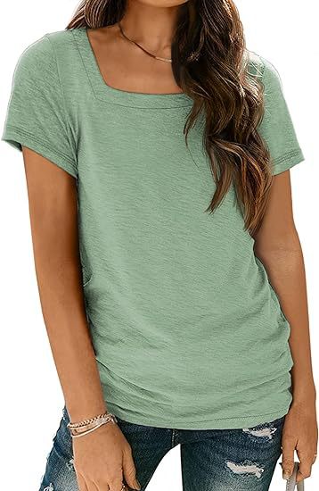 Camiseta informal de verano para mujer, con cuello cuadrado, color liso, manga corta y sin mangas