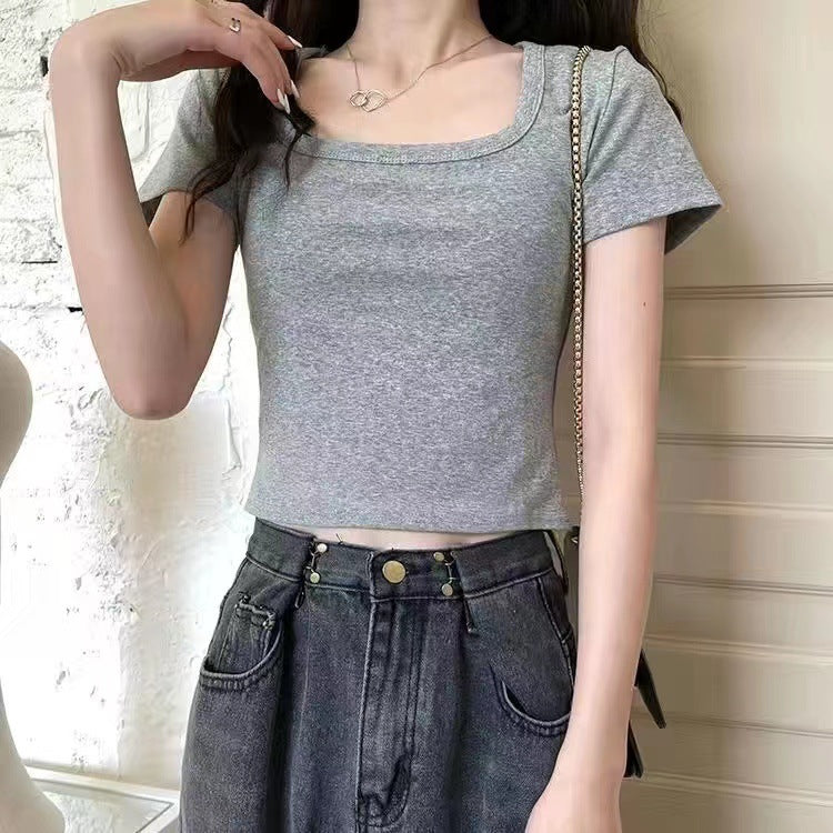 Camiseta informal de manga corta con cuello cuadrado y base de color liso para mujer