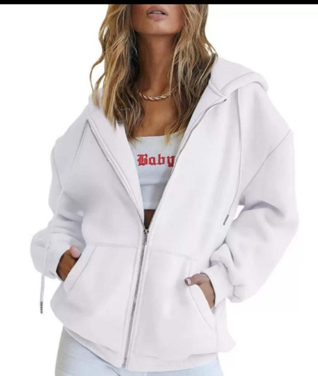 Women Fashion Casual Solid Color Drawstring Zipper Long Sleeve Hooded Sweatshirt Jacket