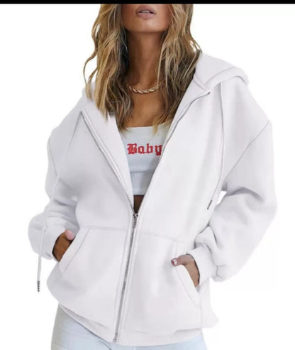 Women Fashion Casual Solid Color Drawstring Zipper Long Sleeve Hooded Sweatshirt Jacket