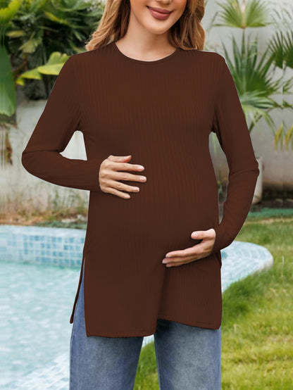 Camiseta informal de manga larga con cuello redondo y abertura en color liso para embarazadas