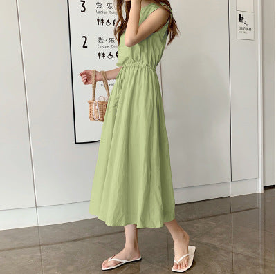 Women Fashion Minimalist Casual Solid Color Round Neck Short-Sleeve Drawstring Dress