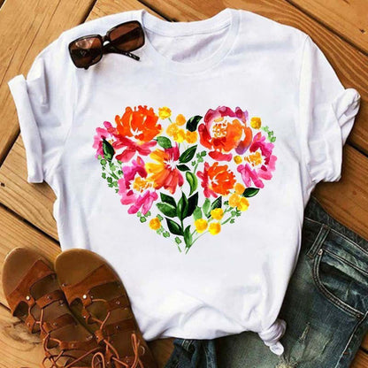 Camiseta informal de manga corta con estampado de corazones para mujer