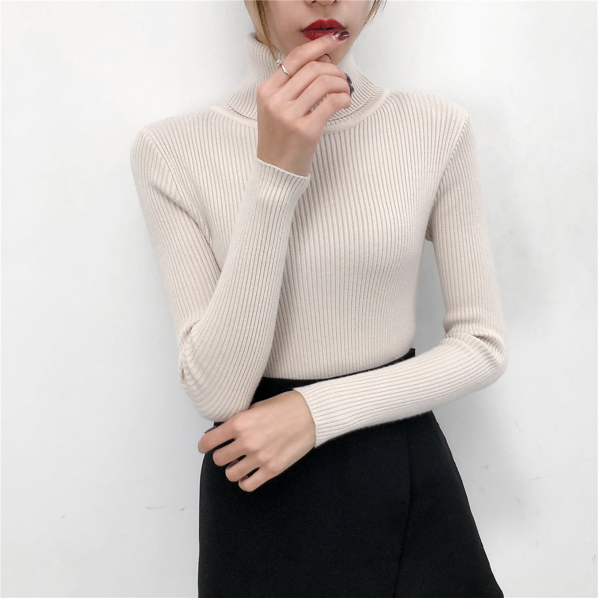 Top de punto de manga larga con cuello alto y color liso informal básico a la moda para mujer