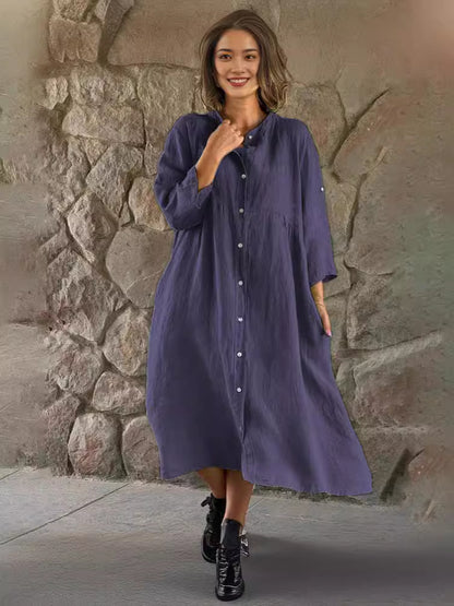 Casual Women Cotton Linen Solid Color Button Shirt Dress