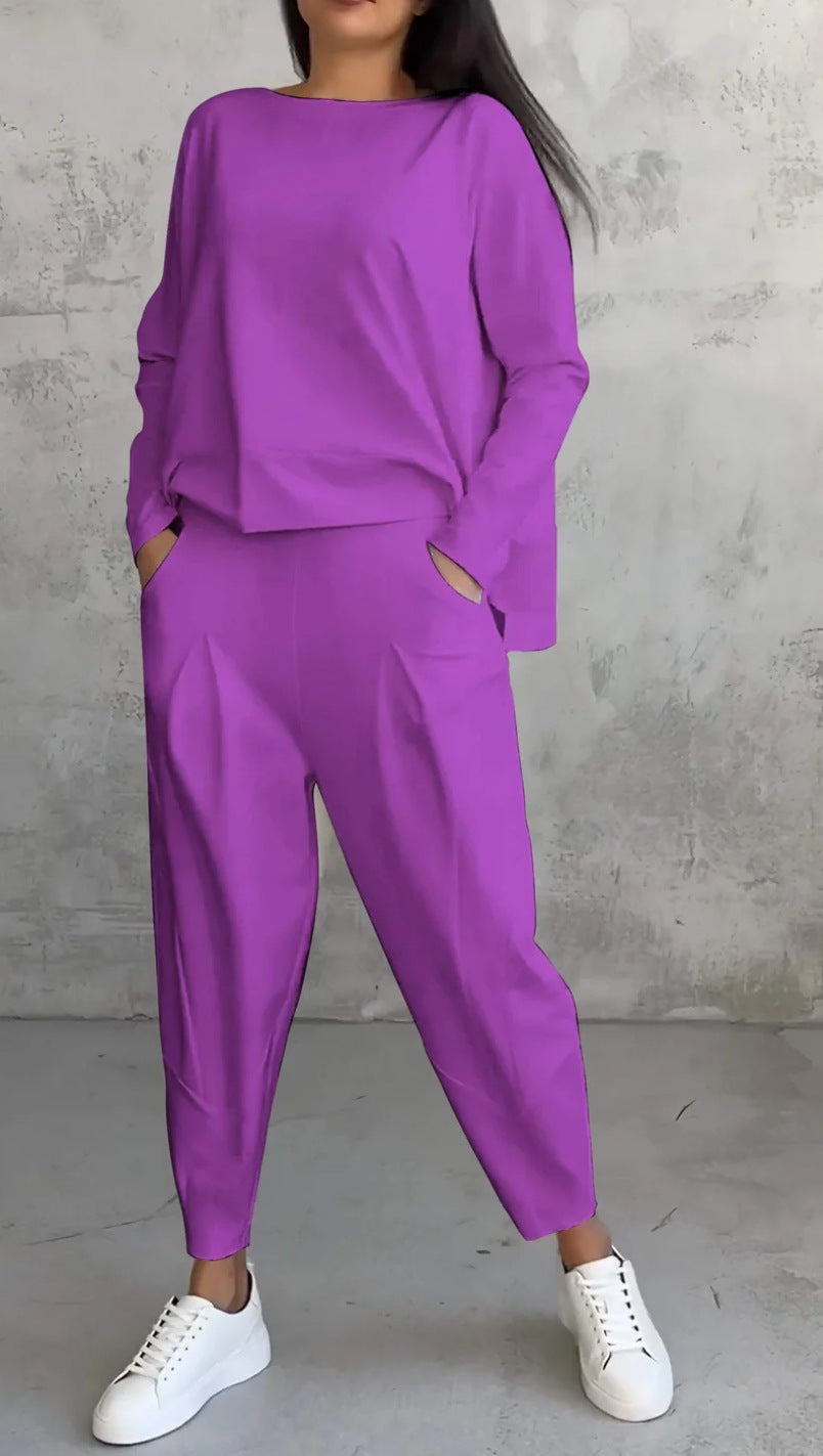 Conjunto de dos piezas de top y pantalón de manga larga con cuello redondo y color liso para mujer