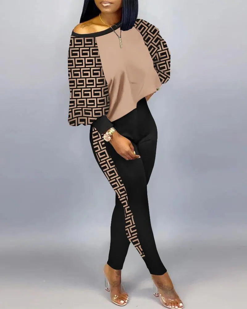 Conjunto de top holgado y pantalones ajustados con estampado gráfico informal de moda para mujer