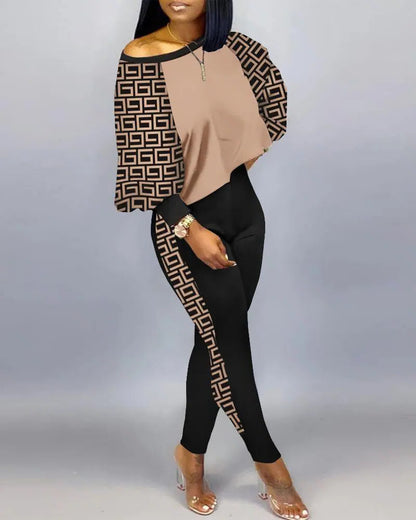 Conjunto de top holgado y pantalones ajustados con estampado gráfico informal de moda para mujer
