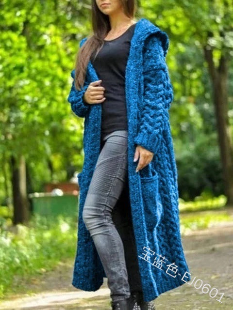 Women Casual Solid Color Long Sleeve Hooded Cardigan Knitted Sweater
