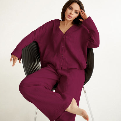Conjunto de pijama de dos piezas para mujer, informal, holgado, de algodón, color liso, blusa y pantalones para el hogar