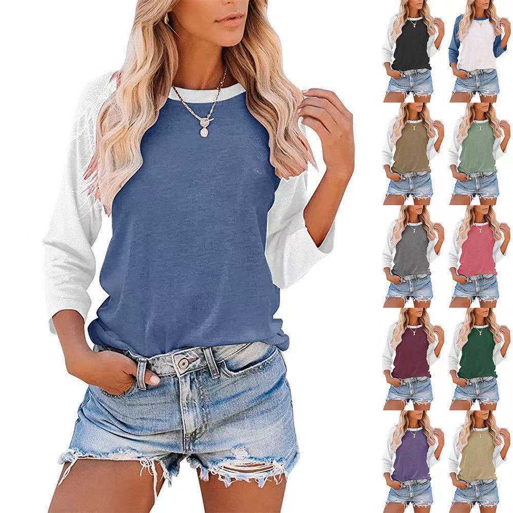 Camiseta informal de manga larga con cuello redondo y contraste de colores para mujer