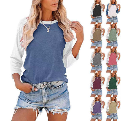 Camiseta informal de manga larga con cuello redondo y contraste de colores para mujer